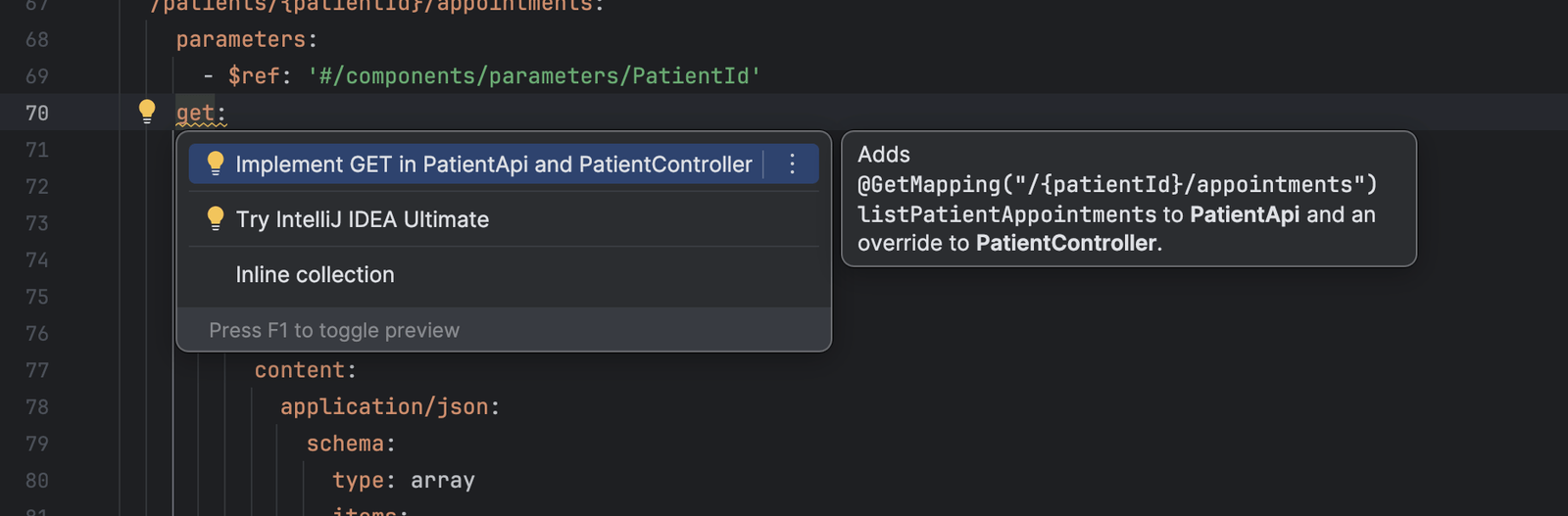 An OpenAPI document with a get operation underlined. The quick fix menu offers Implement GET in PatientApi and PatientController, and a preview explains it adds a GetMapping to the API interface and an override to the controller.