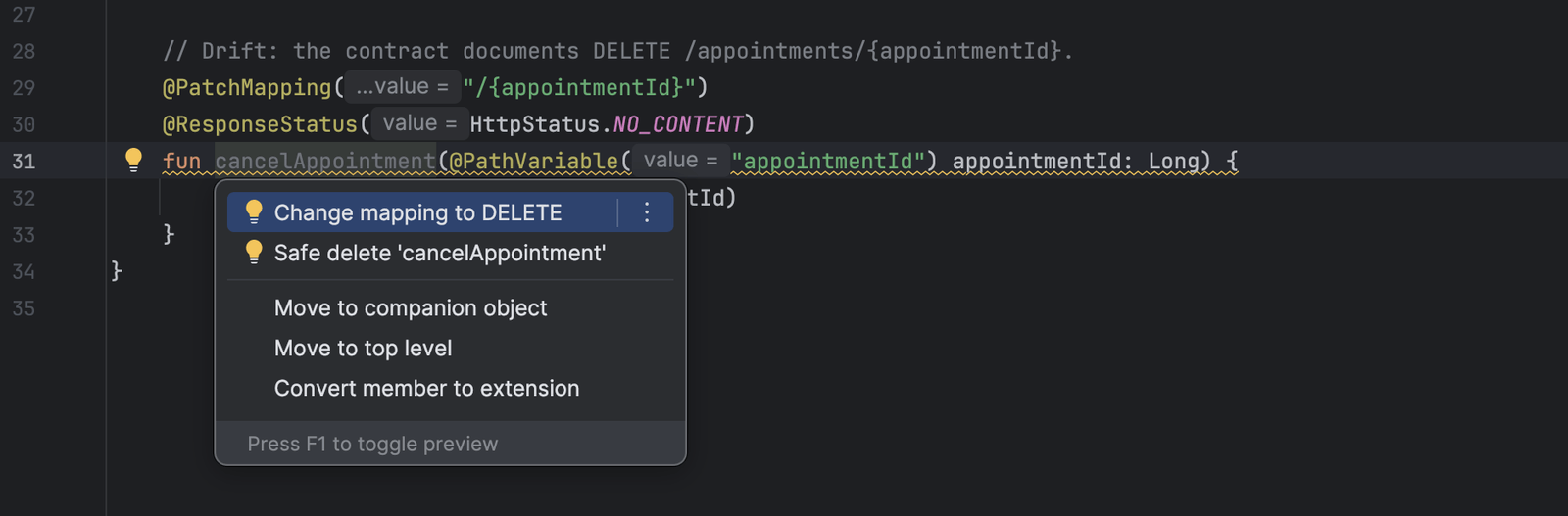 A Kotlin controller in IntelliJ IDEA. A comment reads: Drift: the contract documents DELETE /appointments/{appointmentId}. The PatchMapping handler below it is underlined, and the Alt+Enter menu offers Change mapping to DELETE.