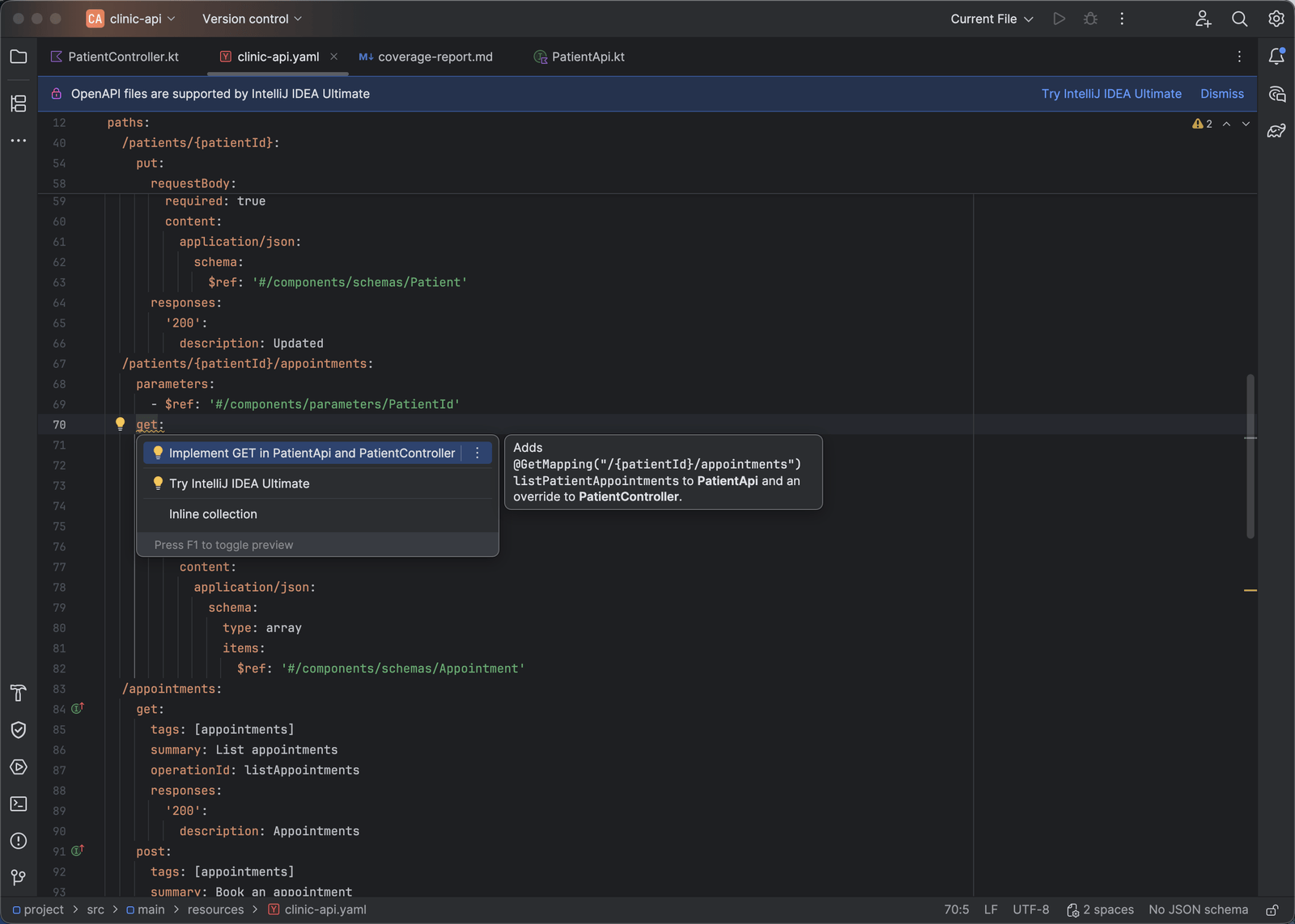 An OpenAPI document with a get operation underlined and a quick fix offering Implement GET in PatientApi and PatientController, with a preview that adds a GetMapping to the API interface and an override to the controller