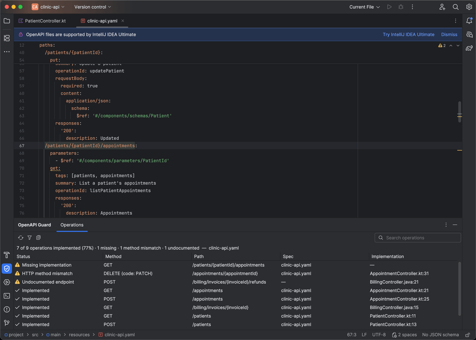 The Operations tool window under an OpenAPI document, listing a missing implementation, an HTTP method mismatch, and an undocumented endpoint above the implemented operations, each with spec and controller locations