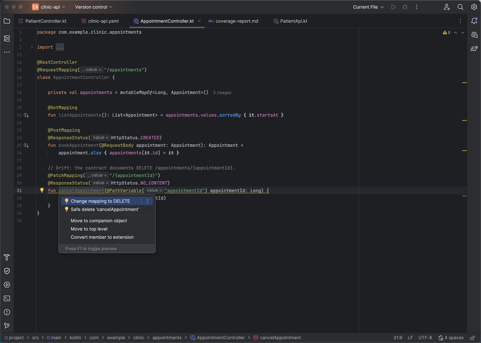 A Kotlin controller with a PATCH mapping underlined and the Alt+Enter menu offering Change mapping to DELETE