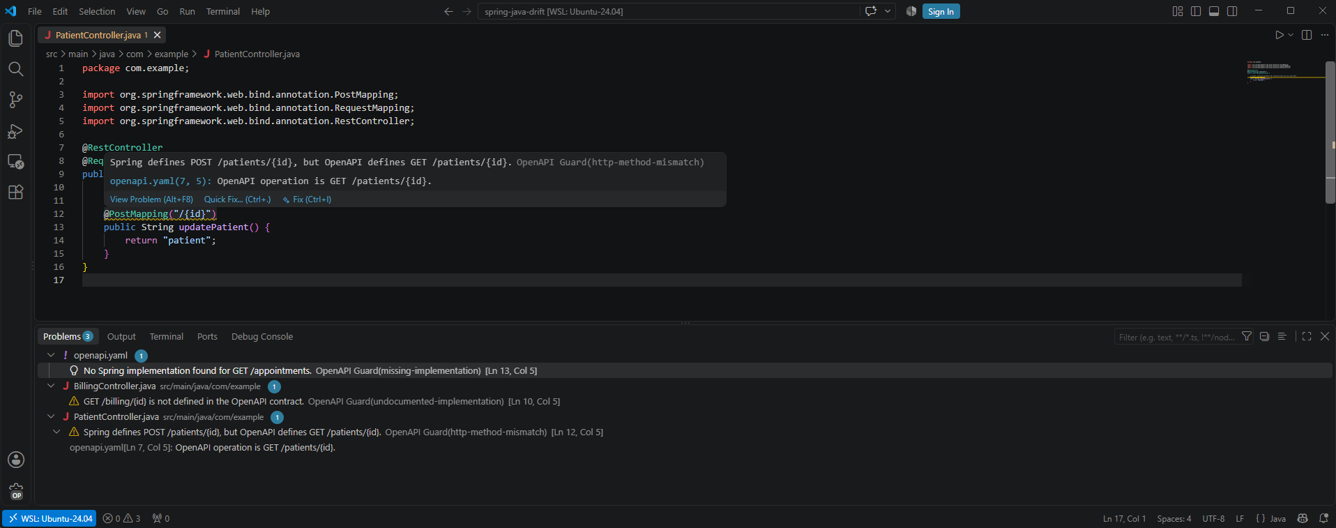 OpenAPI Guard reporting a Spring HTTP method mismatch and three endpoint contract issues in the VS Code Problems panel